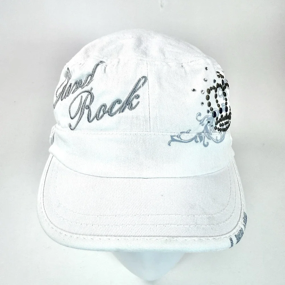 Hard Rock Couture Glam Rock Rhinestone Peace Sign Cadet Hat White Adjustable